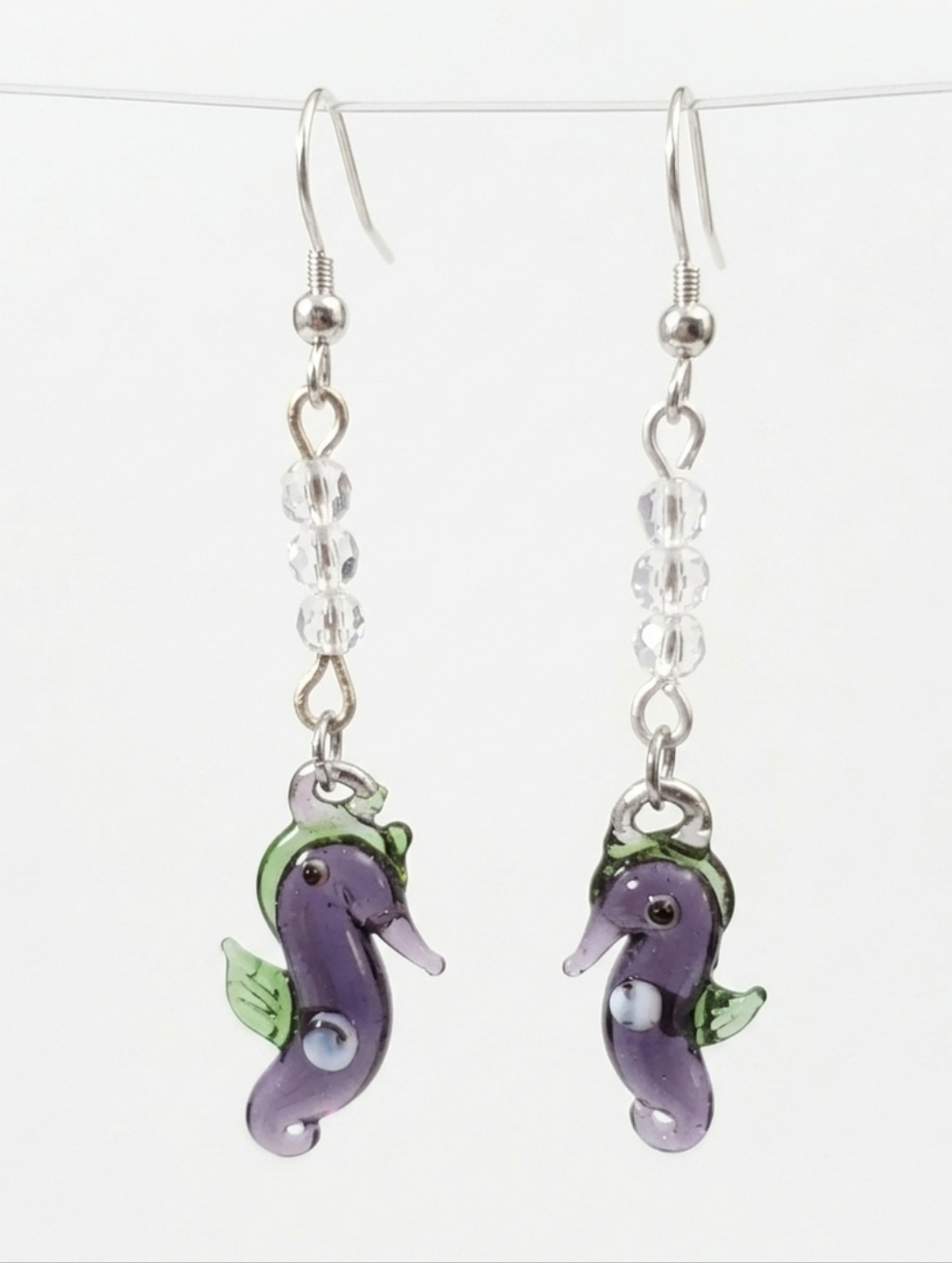 Glass Seahorse Earrings Artisan Clear Purple Green Sea Beach Boho Ocean Handmade